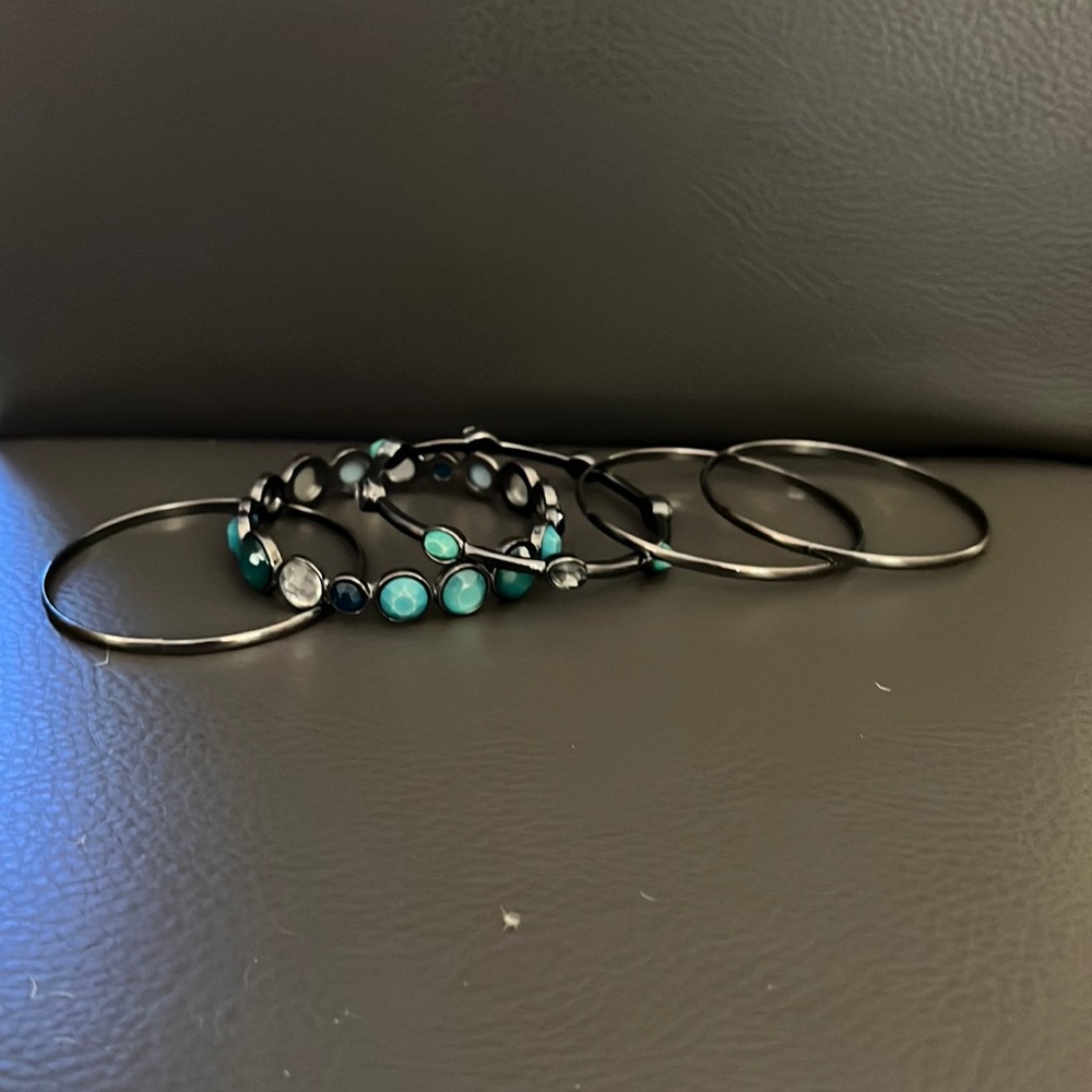 Chico’s bracelets, set of 5, blue, green, black, metal